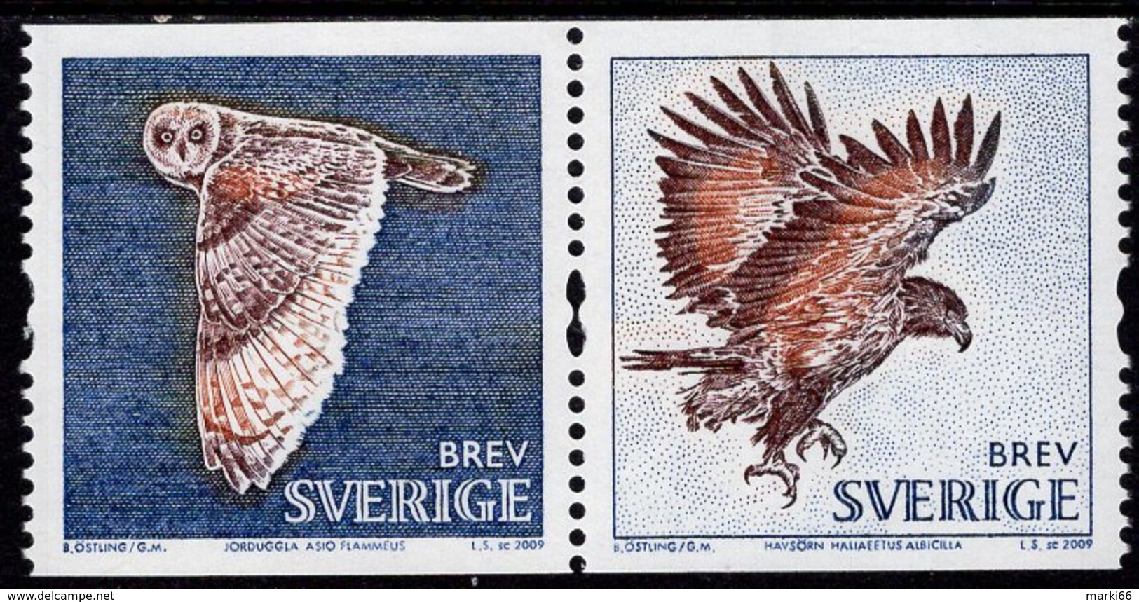 Sweden - 2009 - Birds Of Prey - Earth Owl And Sea Eagle - Mint Definitive Coil Stamp Pair - Ungebraucht