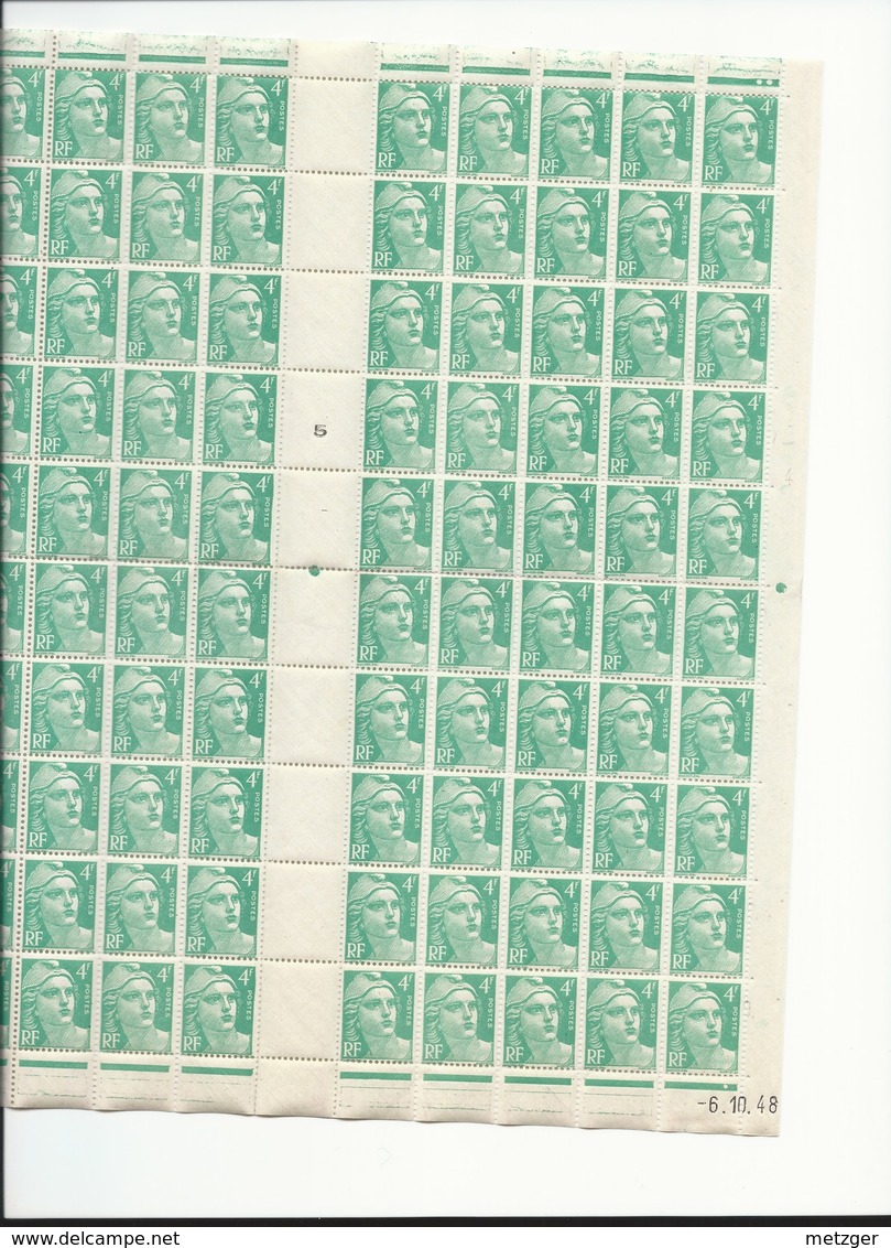 Feuille Complète De  100 Timbres Du N°876 Marianne De Gandon 4f émeraude. - Full Sheets