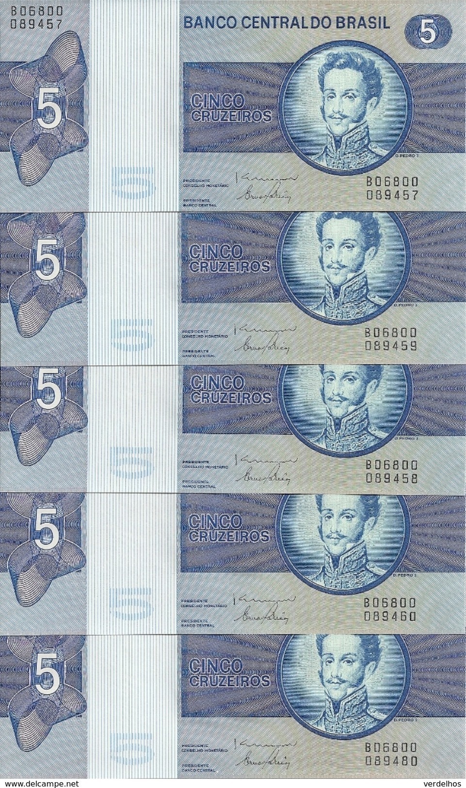 BRESIL 5 CRUZEIROS ND1970-80 UNC P 192 D ( 5 Billets ) - Brésil