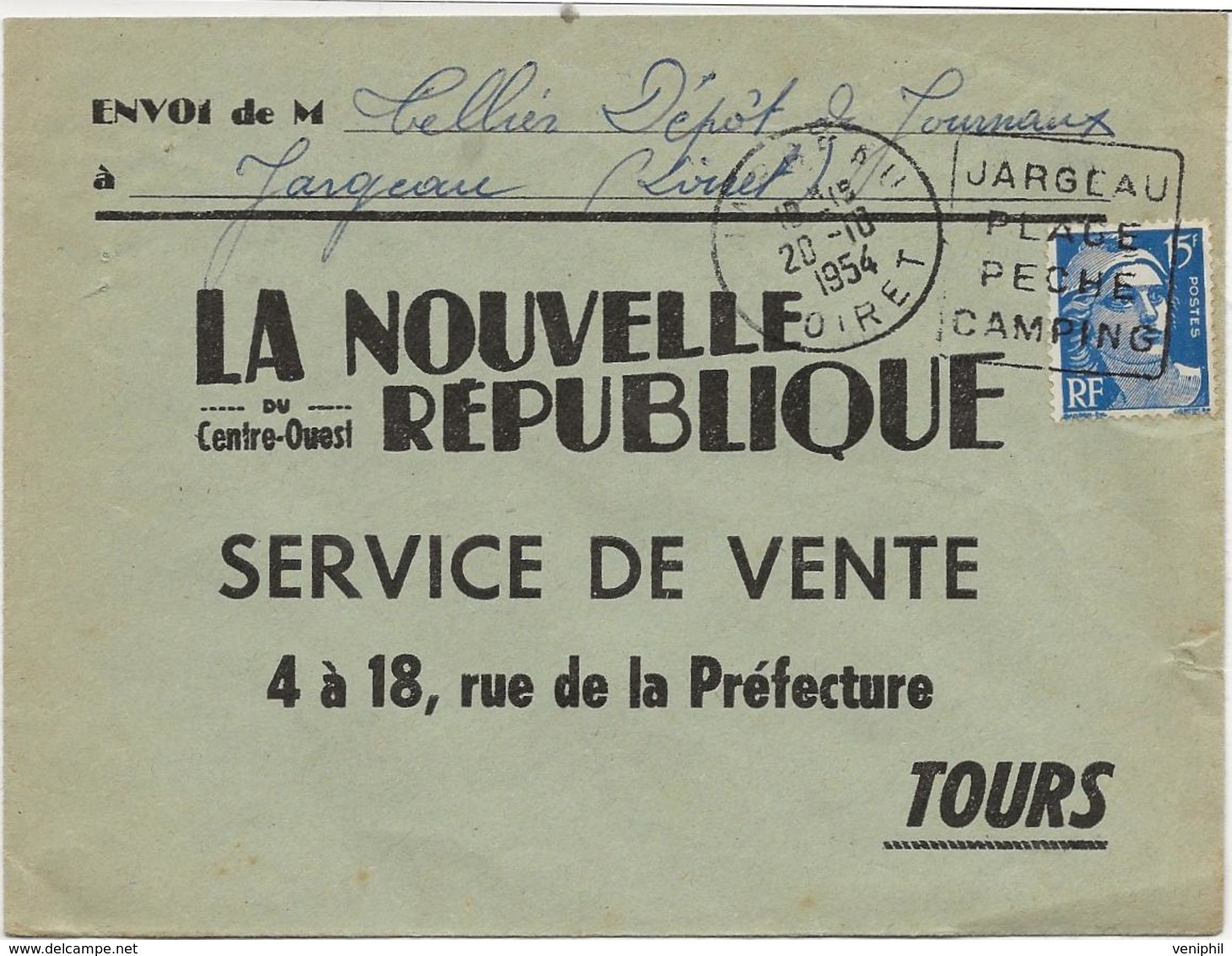 LETTRE OBLITERATION DAGUIN - JARGEAU -LOIRET - PLAGE -PECHE -CAMPING 1954 - Mechanical Postmarks (Other)