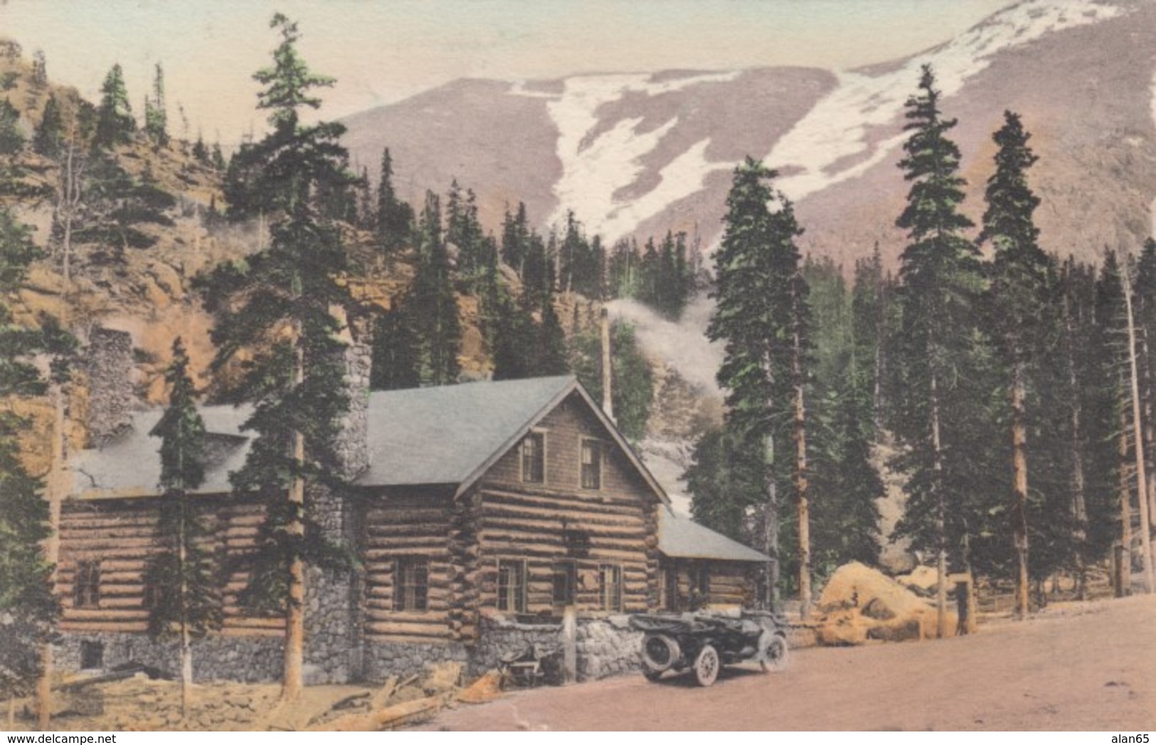 Colorado Glen Cove Pikes Peak Highway, Log Structure, Auto, C1910s Vintage Albertype Postcard - Rocky Mountains