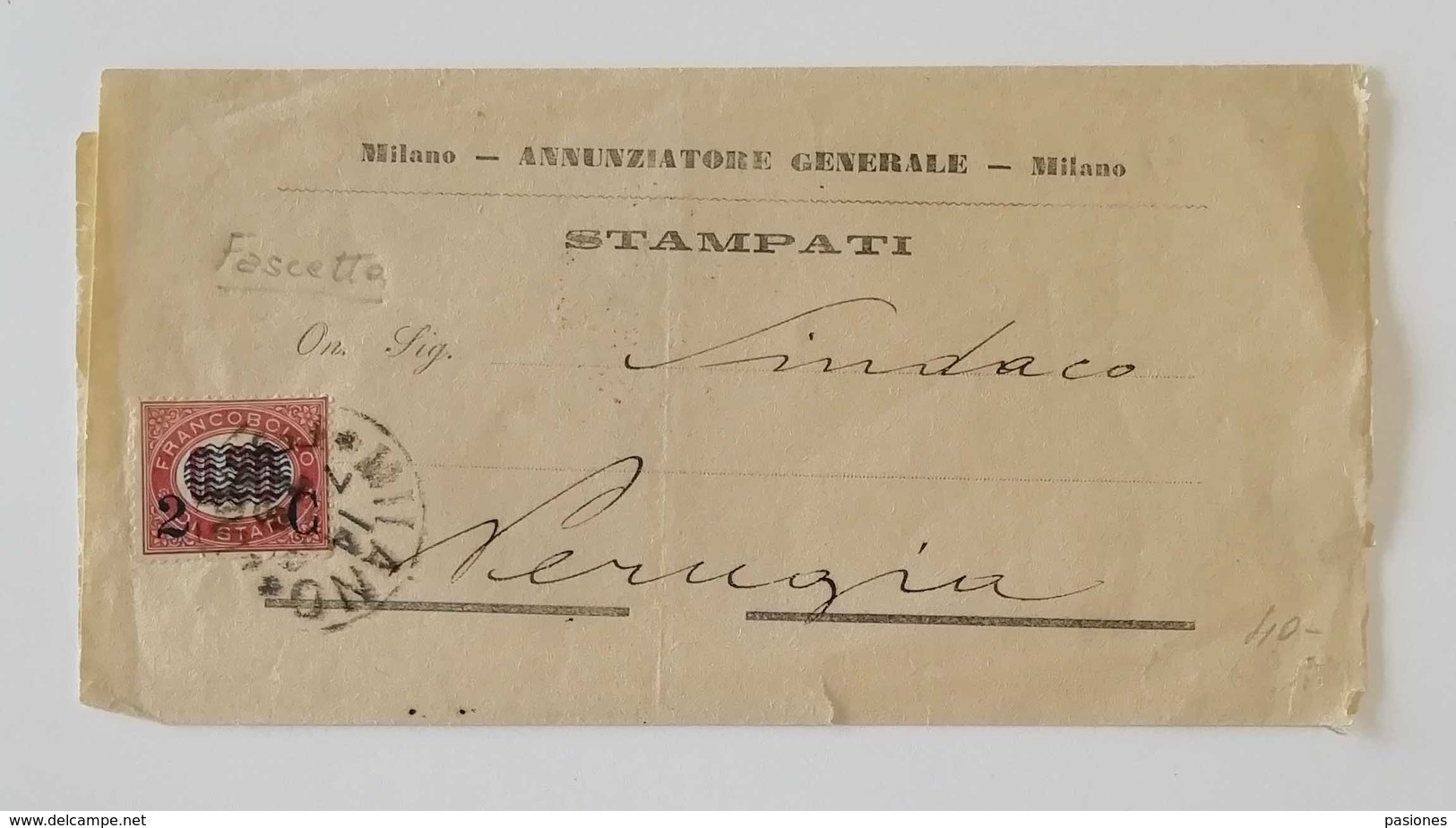 Fascetta Stampati Milano-Perugia - 14/07/1879 Affrancata Con 0,20 Sovrastampa 2c - Service