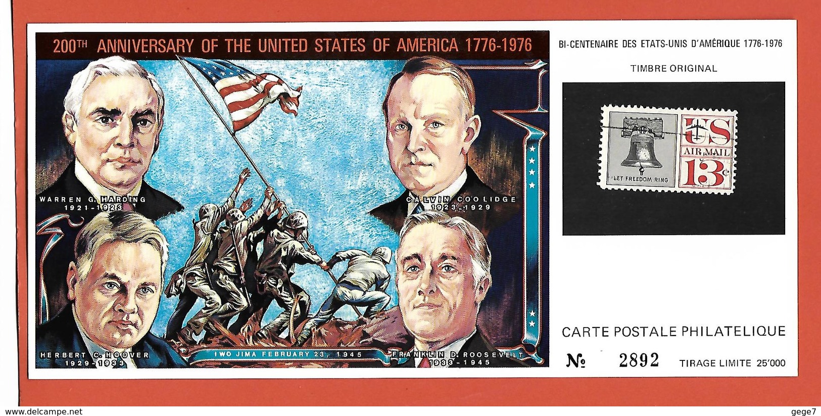 2 Cartes Postales Philatéliques Bicentenaire USA 1976 - Presidentes