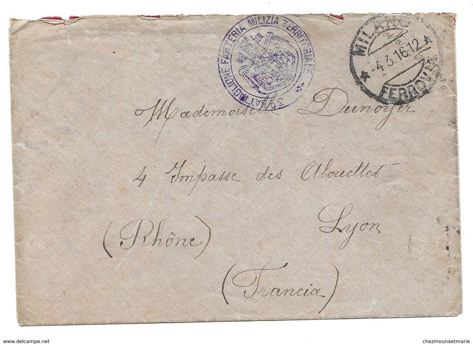 WWI MILANO 1916 3 BATTAGLIONE FANTERIA MILIZIA BOCONCELLI SOLDAT DUNOYER IMPASSE ALOUETTES LYON - ENV MILITAIRE - Correo Militar (PM)