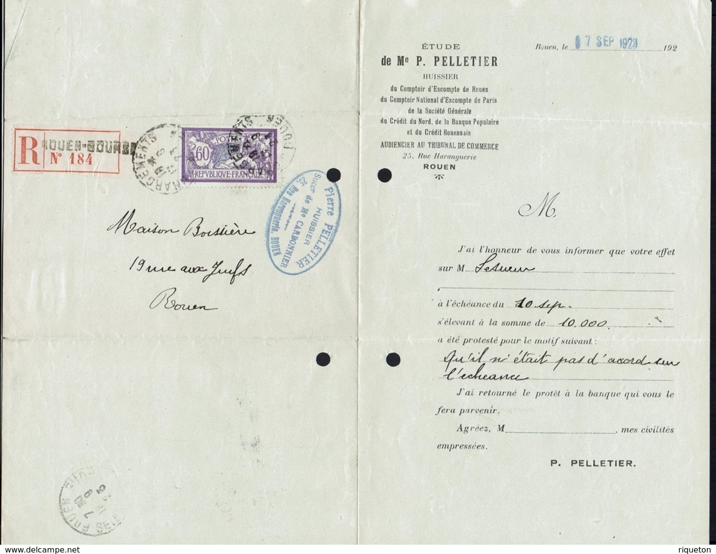 Fr - 1923 "Etude De Maitre Pelletier, Huissier à Rouen" Merson 60 C Seul Sur Lettre Recommandé En Ville - B/TB - - Lettres & Documents