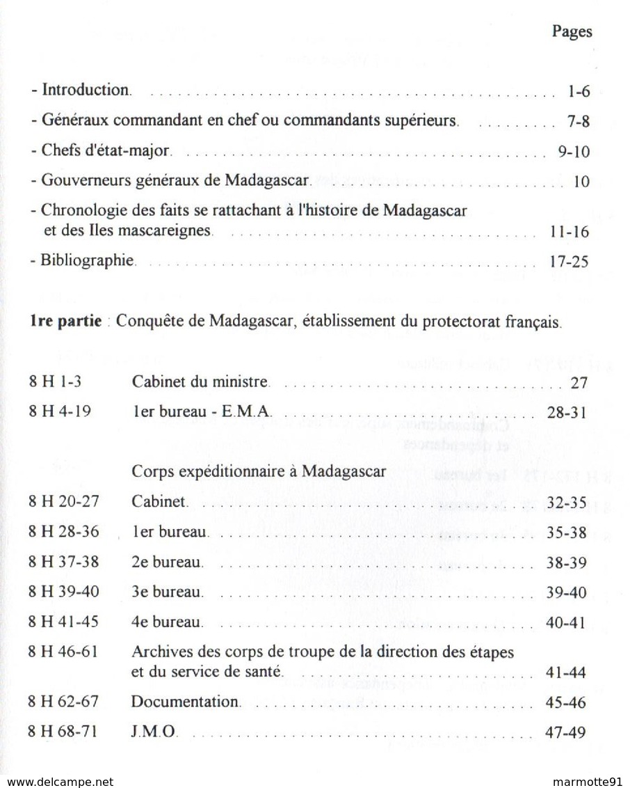 INVENTAIRE DES ARCHIVES DE MADAGASCAR ET DEPENDANCES REUNION COMORES TAF SERVICE HISTORIQUE ARMEE DE TERRE 1894 1973 - French