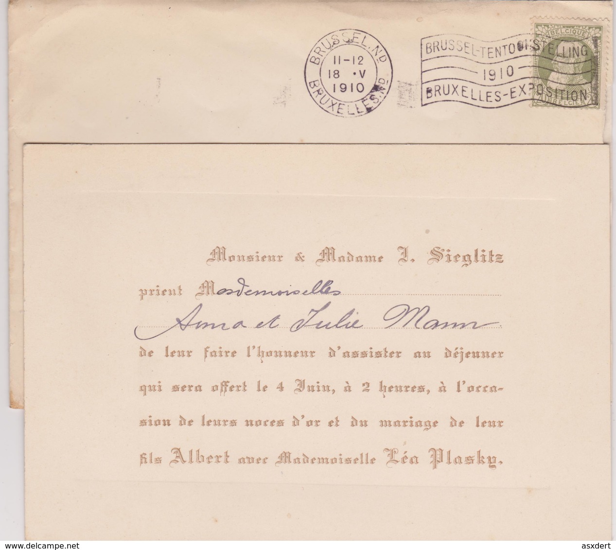 N°75 Uitnodiging Carton  Invitation De Noces D'Or./ Gouden Bruiloft En Huwelijk  A. Sieglitz + Léa Plasky 1910 - 1893-1900 Barba Corta