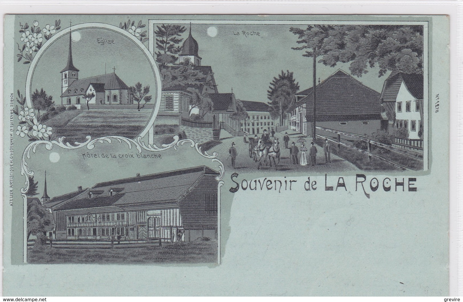 La Roche, Litho Clair De Lune : Hôtel De La Croix-Blanche église, Rue Animée, Attelage - La Roche