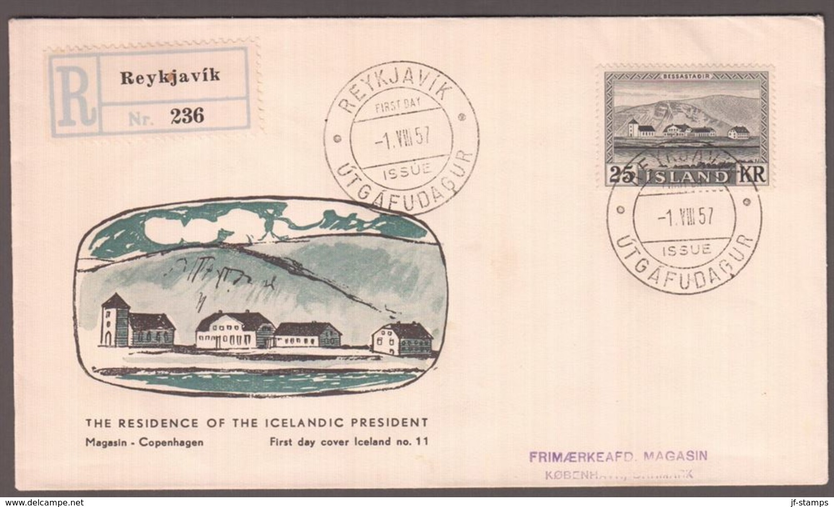 1957. FDC REYKJAVIK -1.VIII. 57. 25 Kr. Bessastadir. Rec.  (Michel 319) - JF136085 - Brieven En Documenten