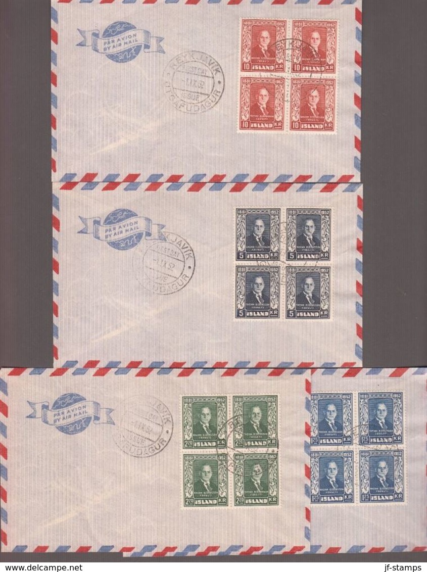 1952. BJÖRNSSON. FDC REYKJAVIK -1. IX. 52. Complete Set In Blocks Of 4. (Michel 281-284) - JF136092 - Briefe U. Dokumente