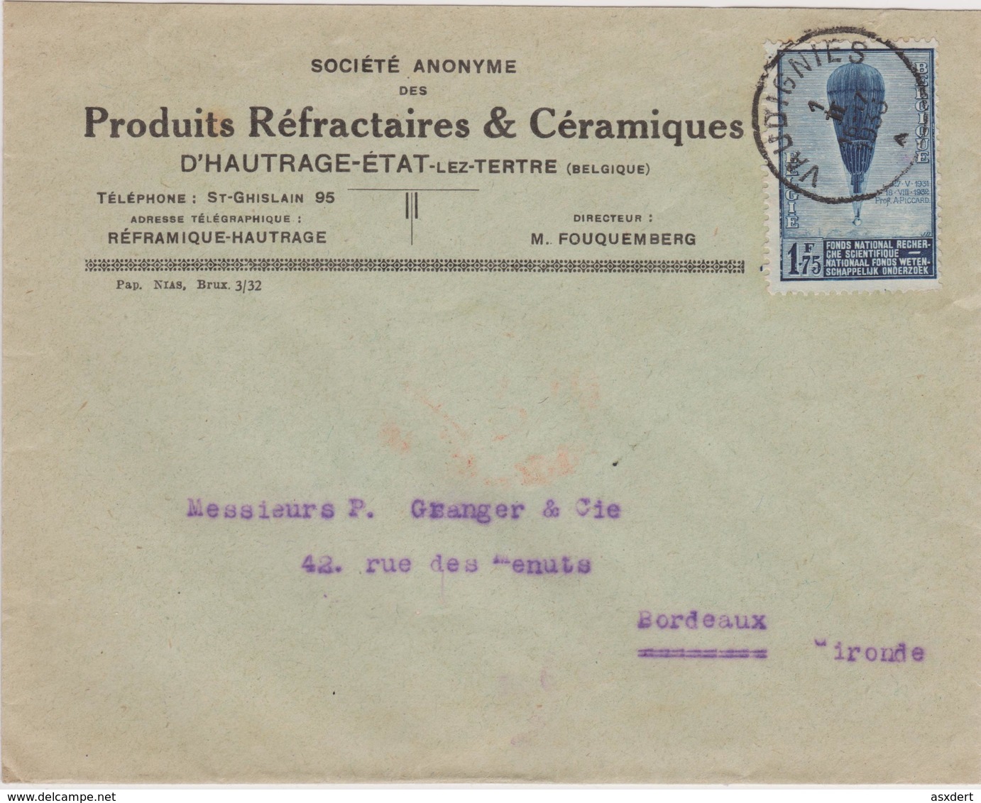 Belgique  N°354 Ballon Piccard Enveloppe Produits" Céramiques " D'Hautrage-Etat-lez-Tertre 1933 - Sonstige & Ohne Zuordnung