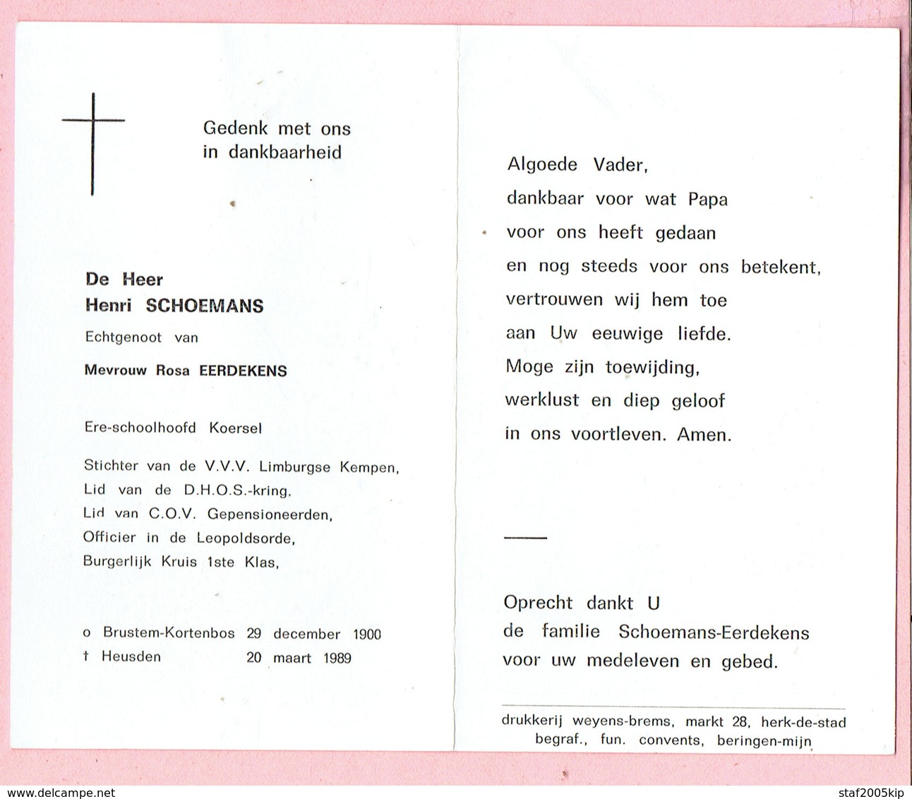 Bidprentje - Henri SCHOEMANS Echtg. Rosa EERDEKENS Ere Schoolhoofd Koersel - Brustem Kortenbos 1900 - Heusden 1989 - Religion &  Esoterik