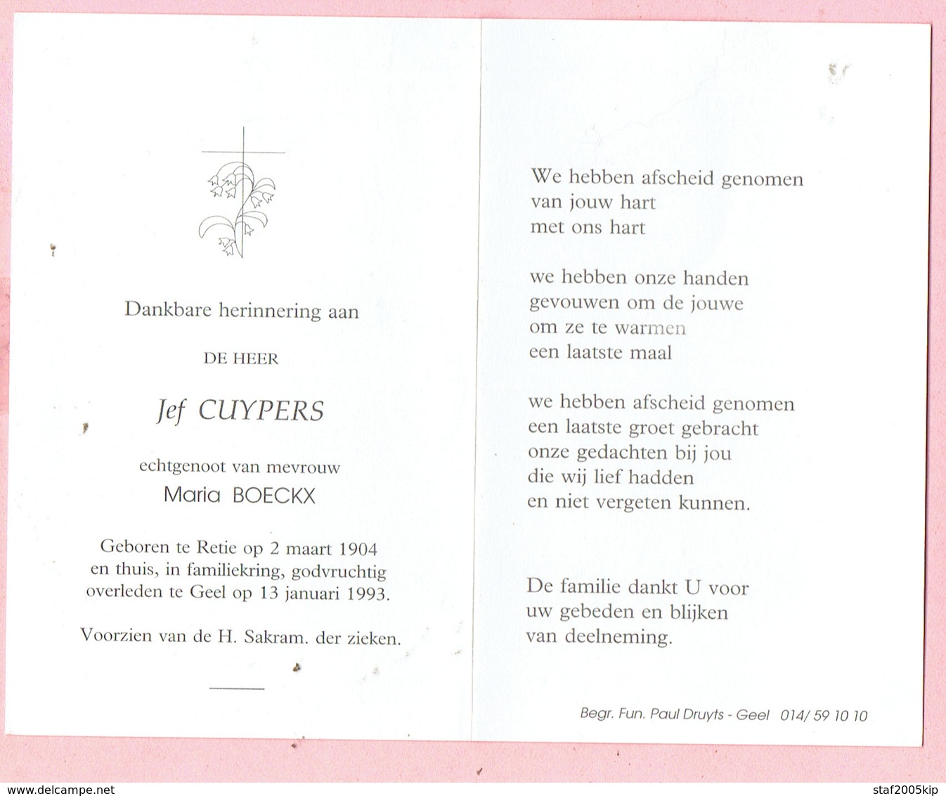 Bidprentje - Jef CUYPERS Echtg. Maria BOECKX - Retie 1904 - Geel 1993 - Religion &  Esoterik