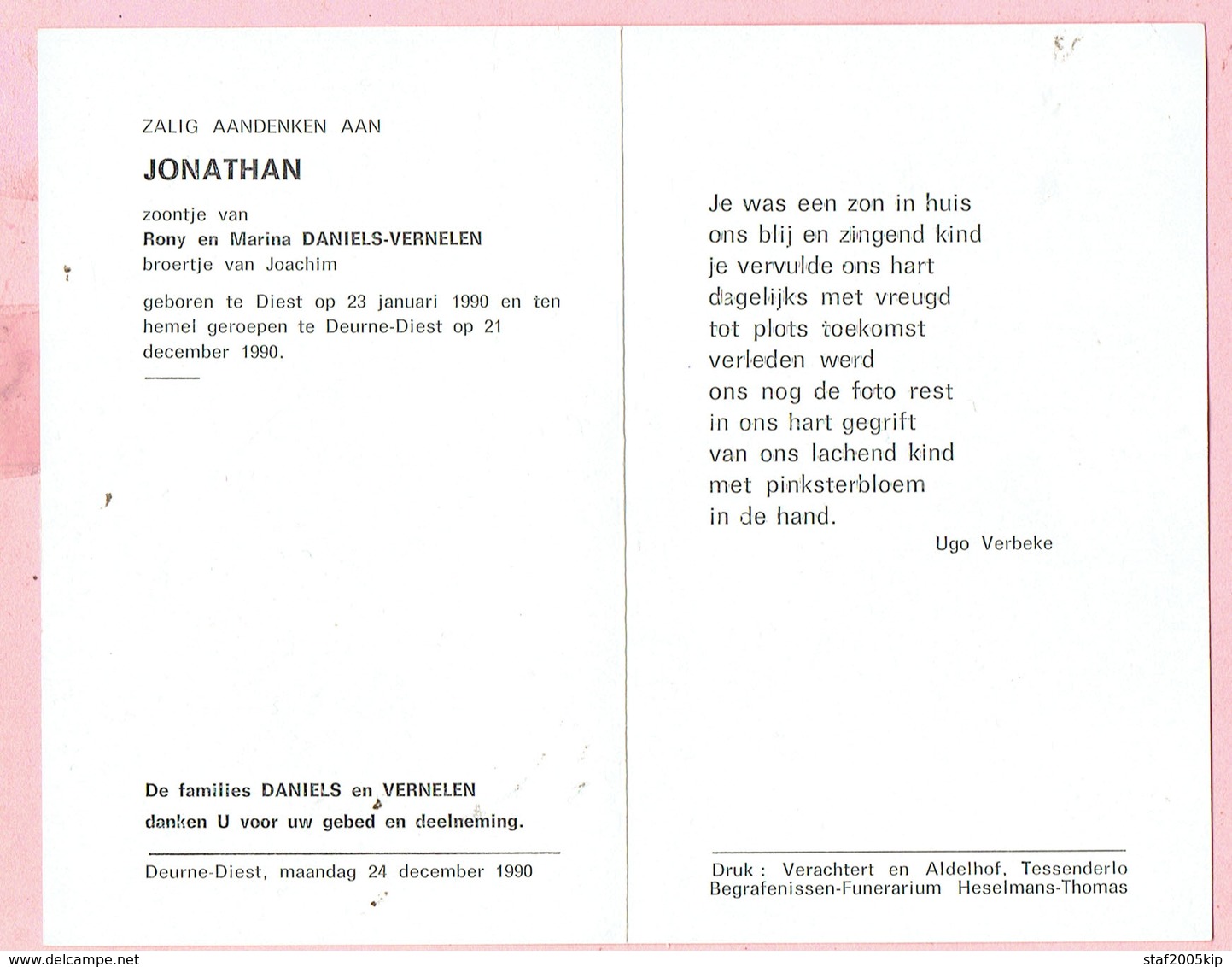 Bidprentje -JONATHAN Zoontje Van Rony En Marina DANIELS-VERNELEN - Diest 23 Januari 1990 - Deurne-Diest 21 December 1990 - Religion &  Esoterik