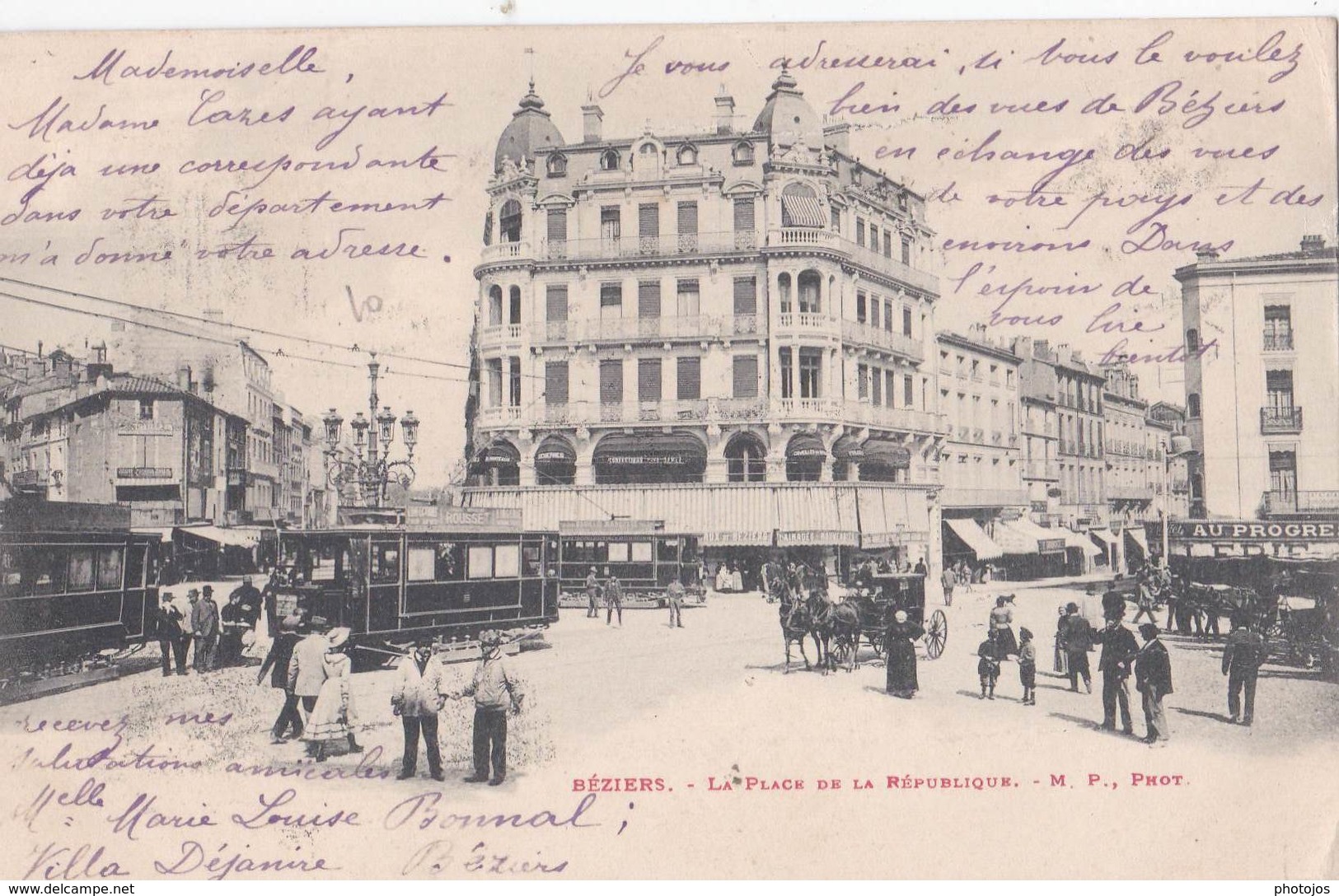 CPA    Beziers (34) Place De La République    Tramways    Labouche 28   MP Phot  Dos Précurseur - Beziers