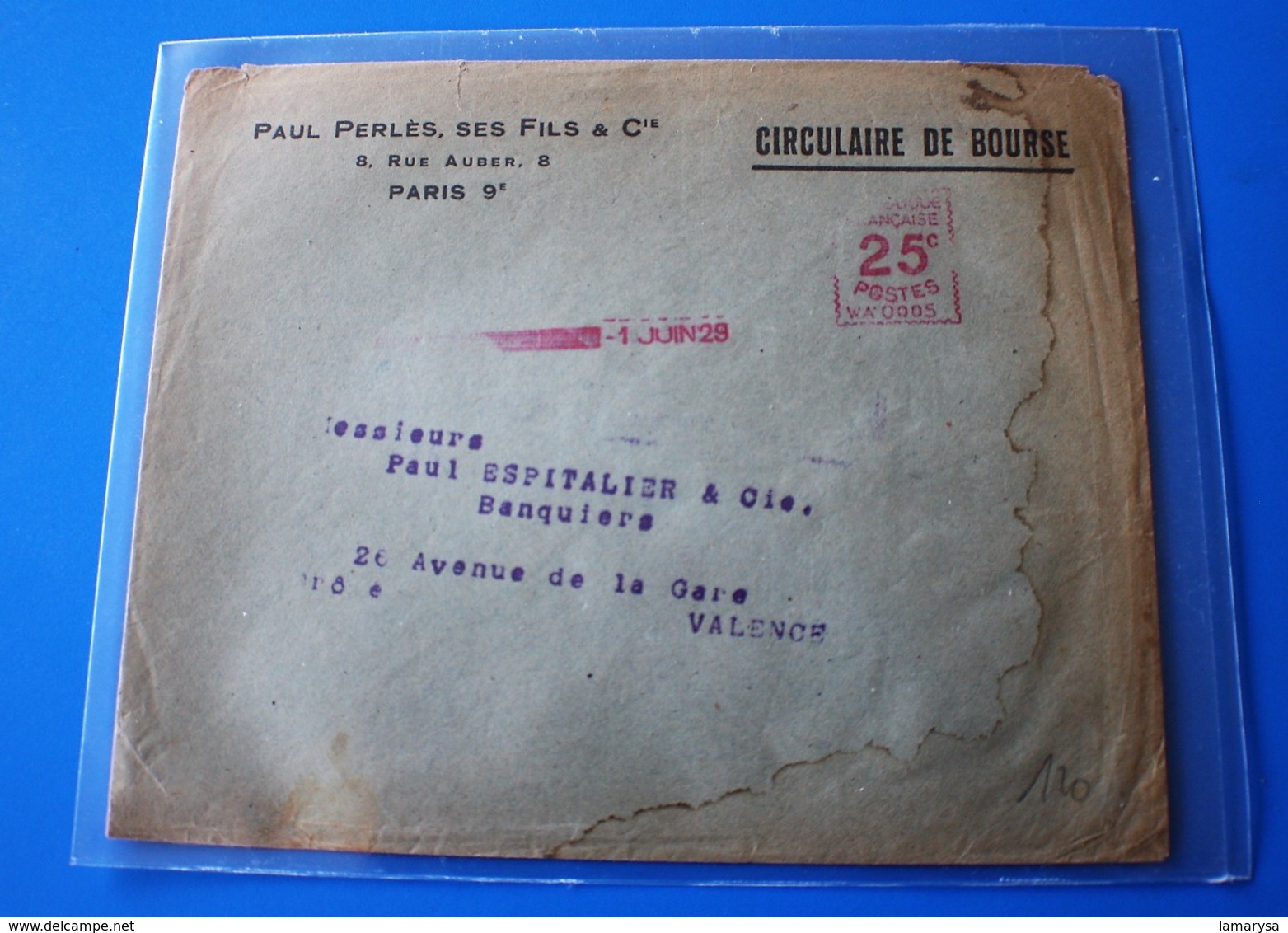 1928 Havas Type A Une Des Première EMA WA (Empreinte Machine à Affranchir Lettre Entête Paul Perlés à Paris Marcophilie - EMA (Empreintes Machines à Affranchir)