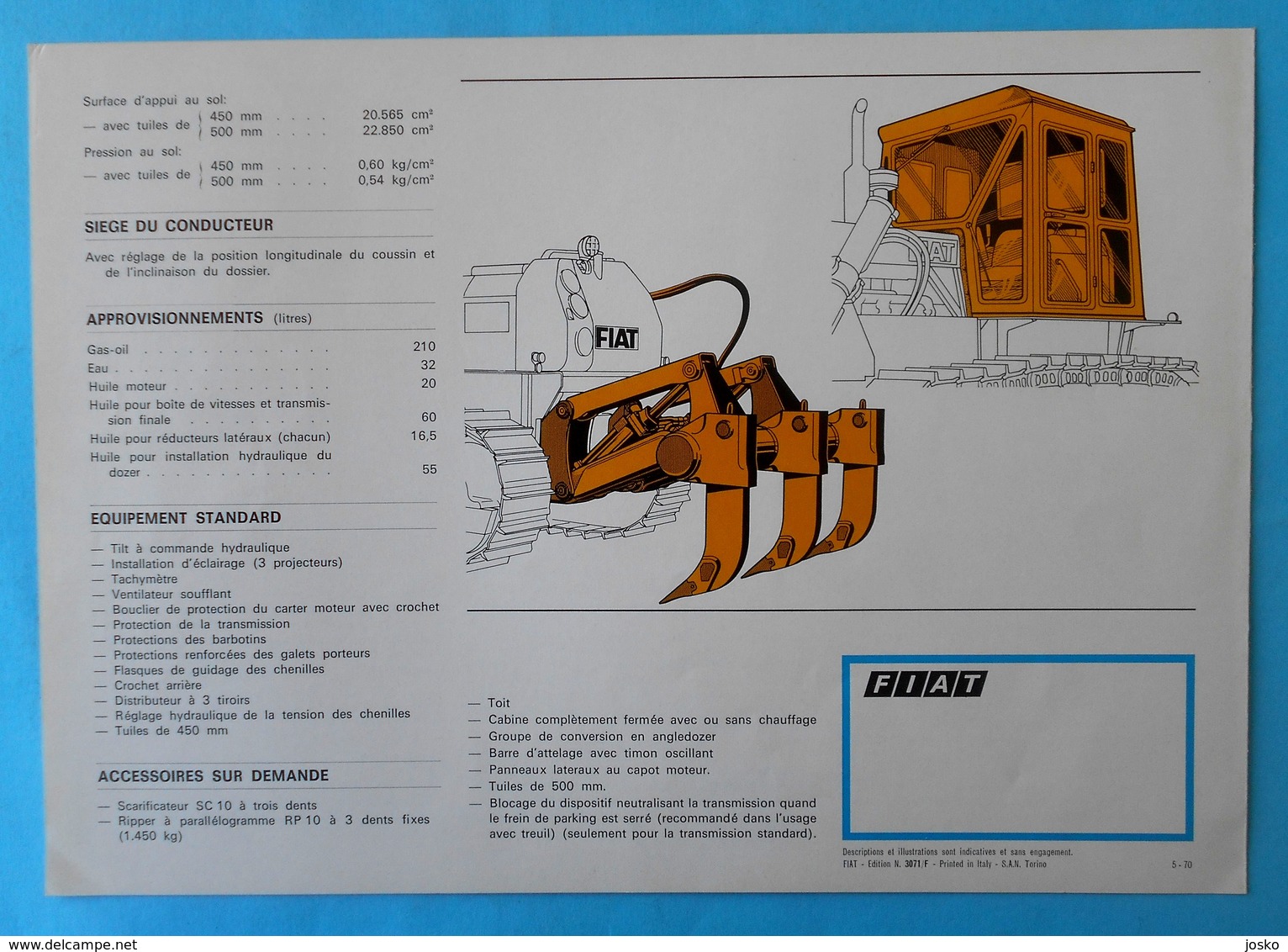 FIAT BD10 Bulldozer - Original Vintage Sales Brochure * French Issue * Large Size * Tractor Tracteur Traktor Trattore RR - Tracteurs