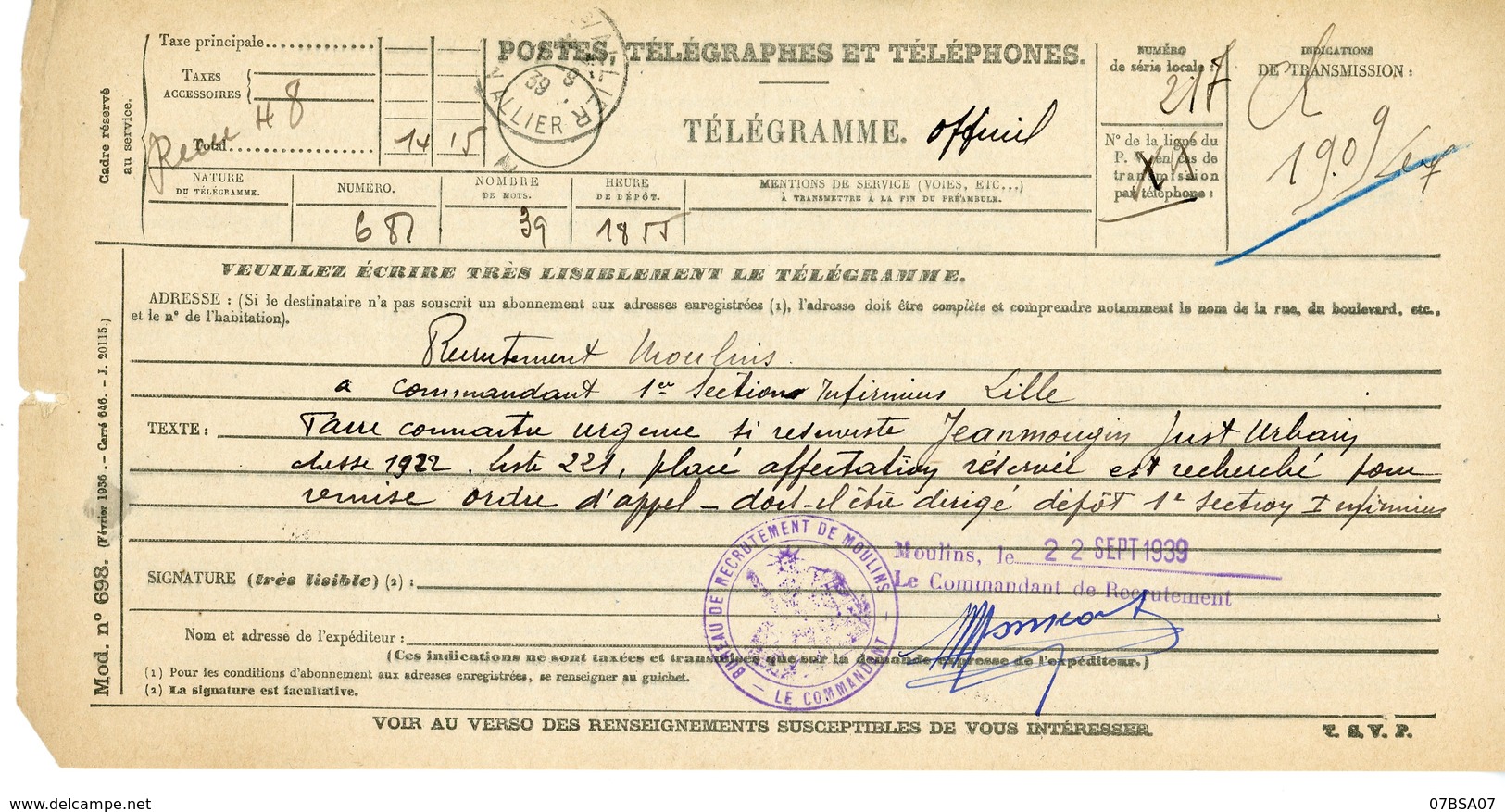 ALLIER TELEGRAMME OFFICIEL GUERRE 1939 / 1945 A ETUDIER VOIR LE SCAN POUR LA DESCRIPTION - Documents Historiques