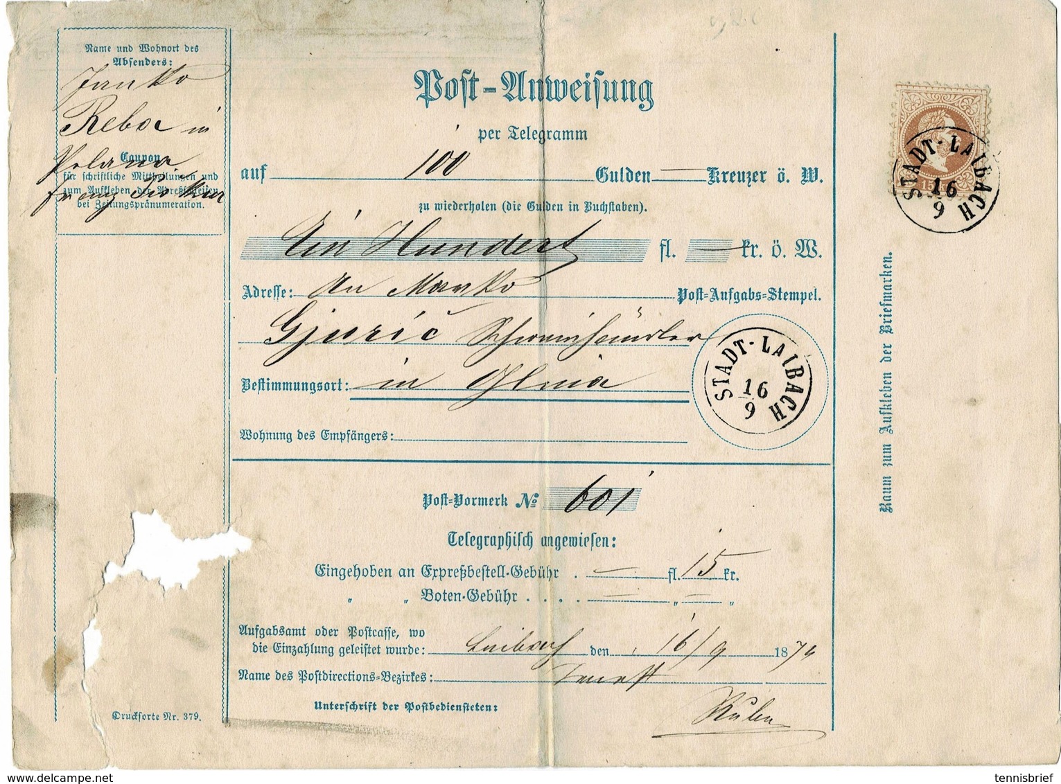 1874, " Laibach " Postanweisung Per Telegramm " R !  , A3433 - Cartas & Documentos