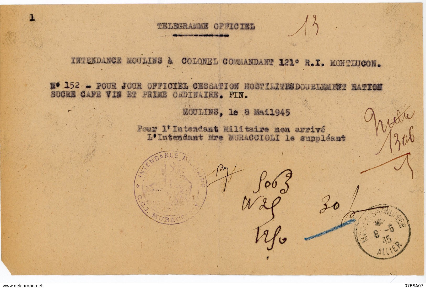 ALLIER TELEGRAMME OFFICIEL GUERRE 1939 / 1945 A ETUDIER VOIR LE SCAN POUR LA DESCRIPTION - 2. Weltkrieg 1939-1945