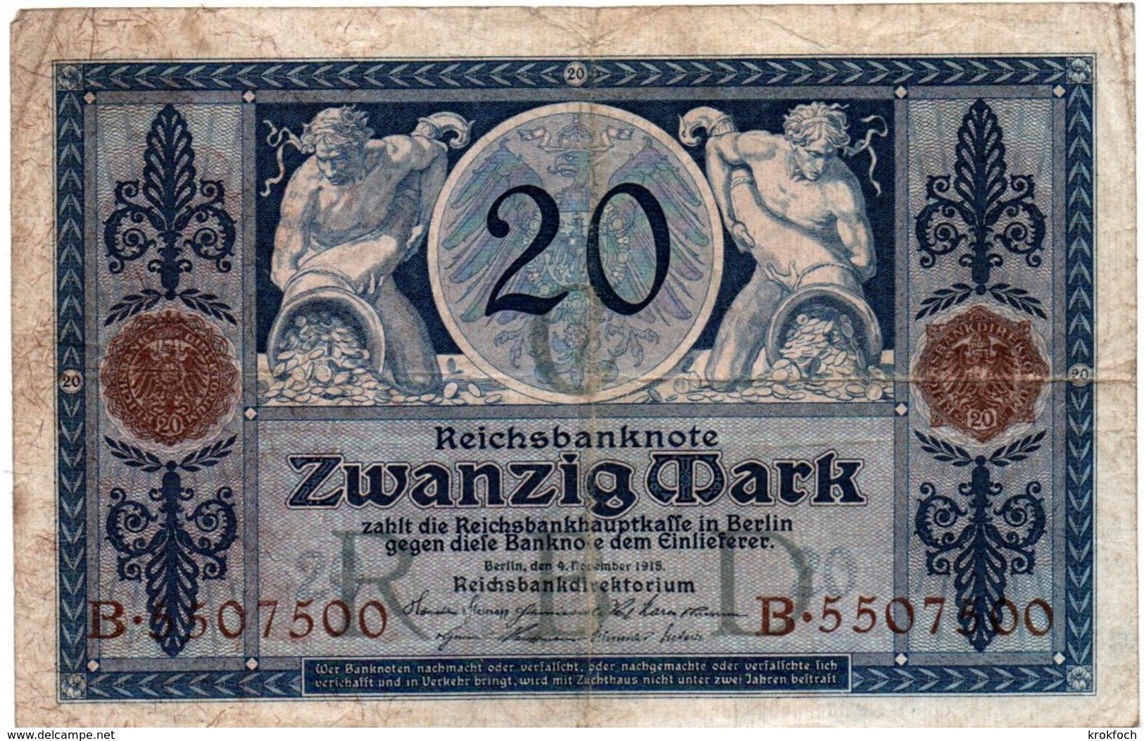 20 Mark Reichsbanknote 1915 - !! Plié Et Usagé - 2 Scans - 20 Mark
