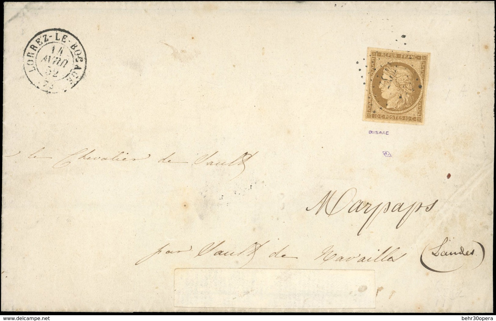 O 10c. Bistre. Obl. P.C. 1737 Sur Lettre Frappée Du CàD De LORREZ-LE-BOCAGE Du 14 Avril 1852 à Destination De SAULT DE N - 1849-1850 Cérès