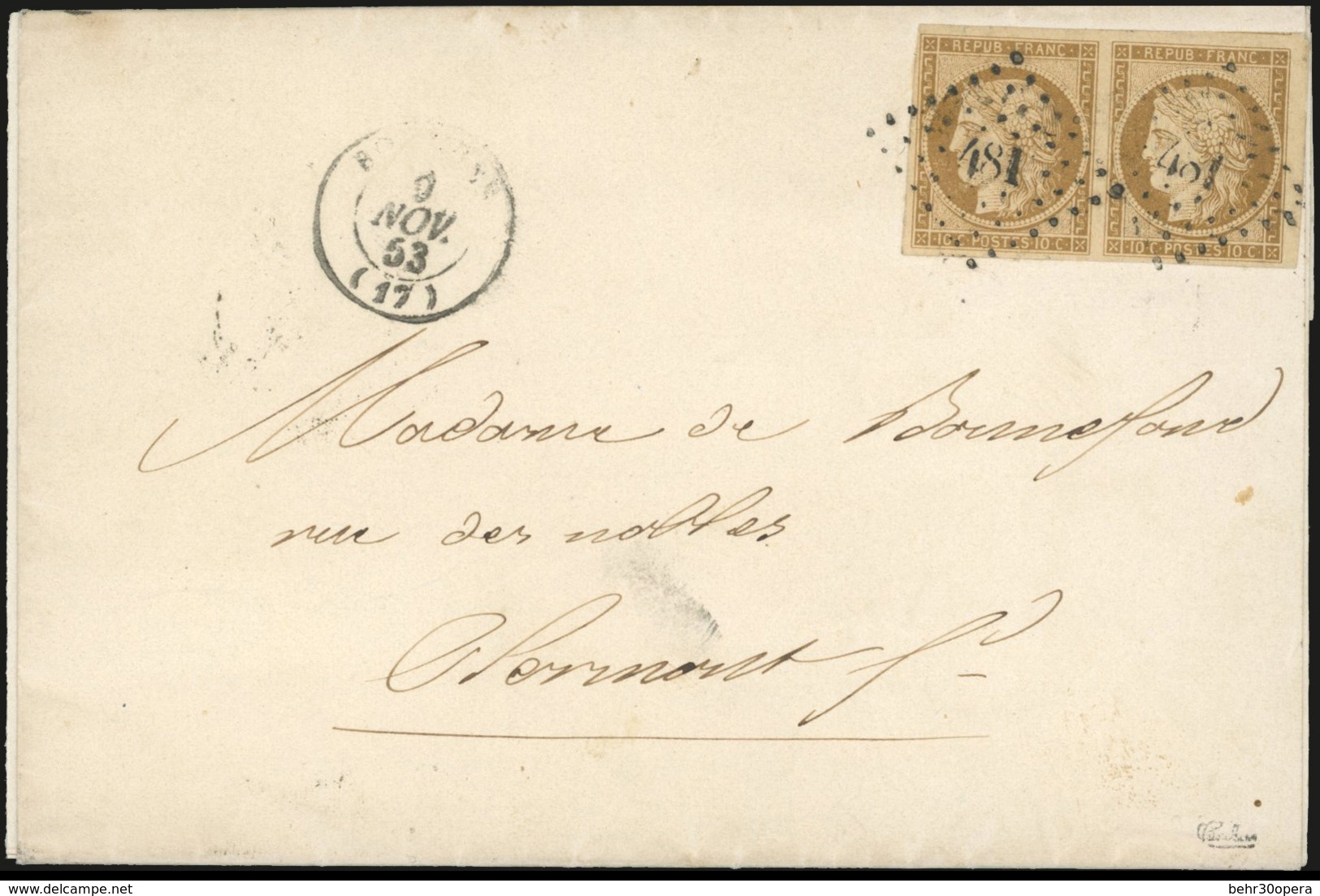 O Paire Du 10c. Bistre-jaune Obl. PC 481 S/lettre Frappée Du CàD De BOURGES Du 9 Novembre 1853 à Destination De CLERMONT - 1849-1850 Cérès