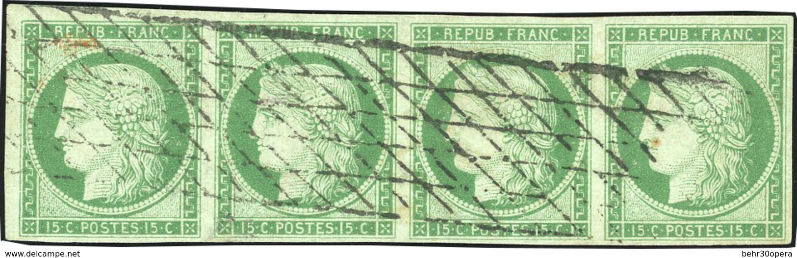 O 15c. Vert. Bande De 4. Obl. Légère Grille Sans Fin. Timbres En Parfait état. Pièce Exceptionnelle. SUP. - 1849-1850 Ceres