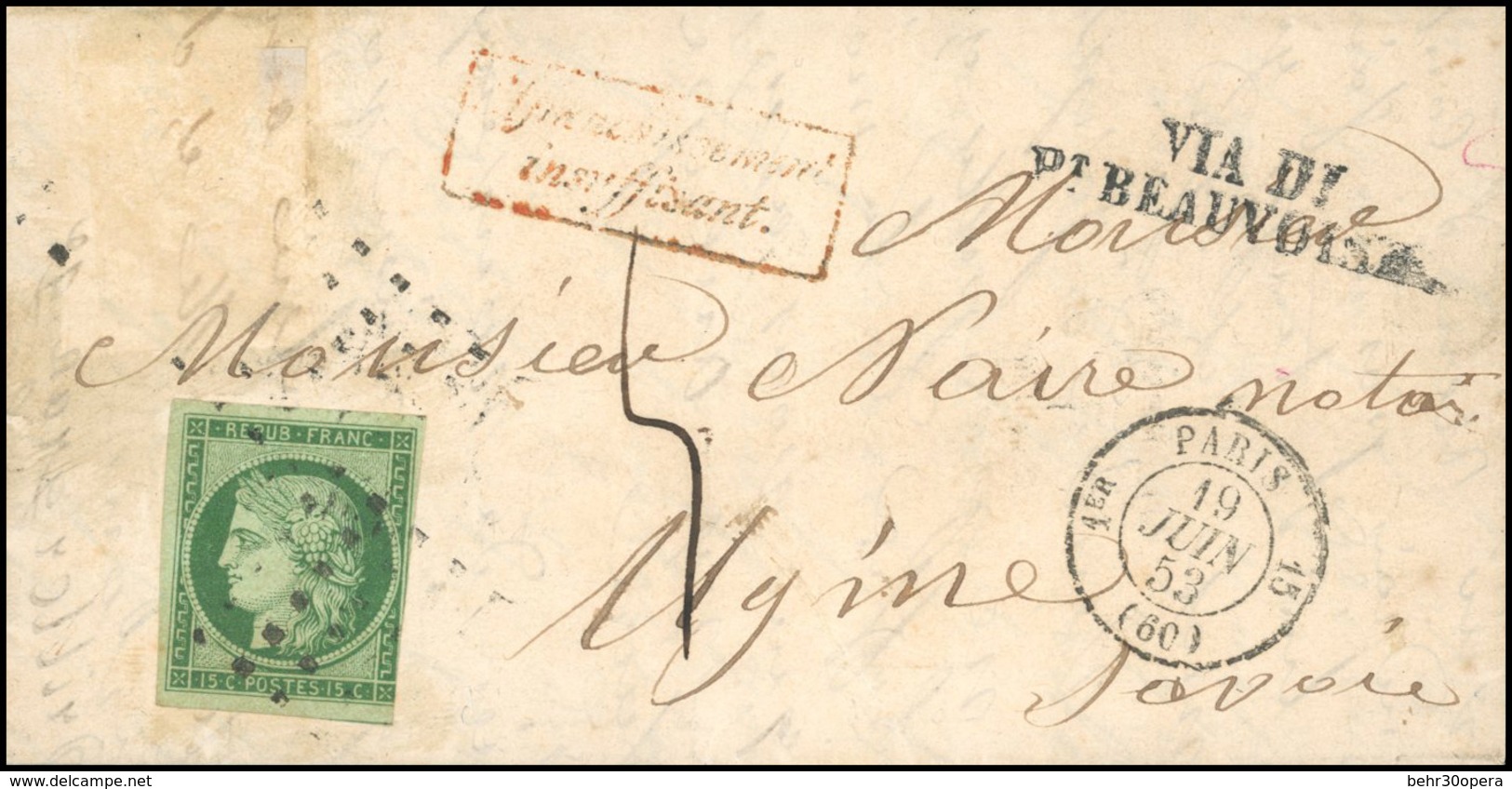 O 15c. (déf. à Droite) Obl. Rouleau De Gros Points S/lettre Frappée Du CàD De PARIS - 1er - 15 - (60) Du 19 Juin 1853 à  - 1849-1850 Cérès