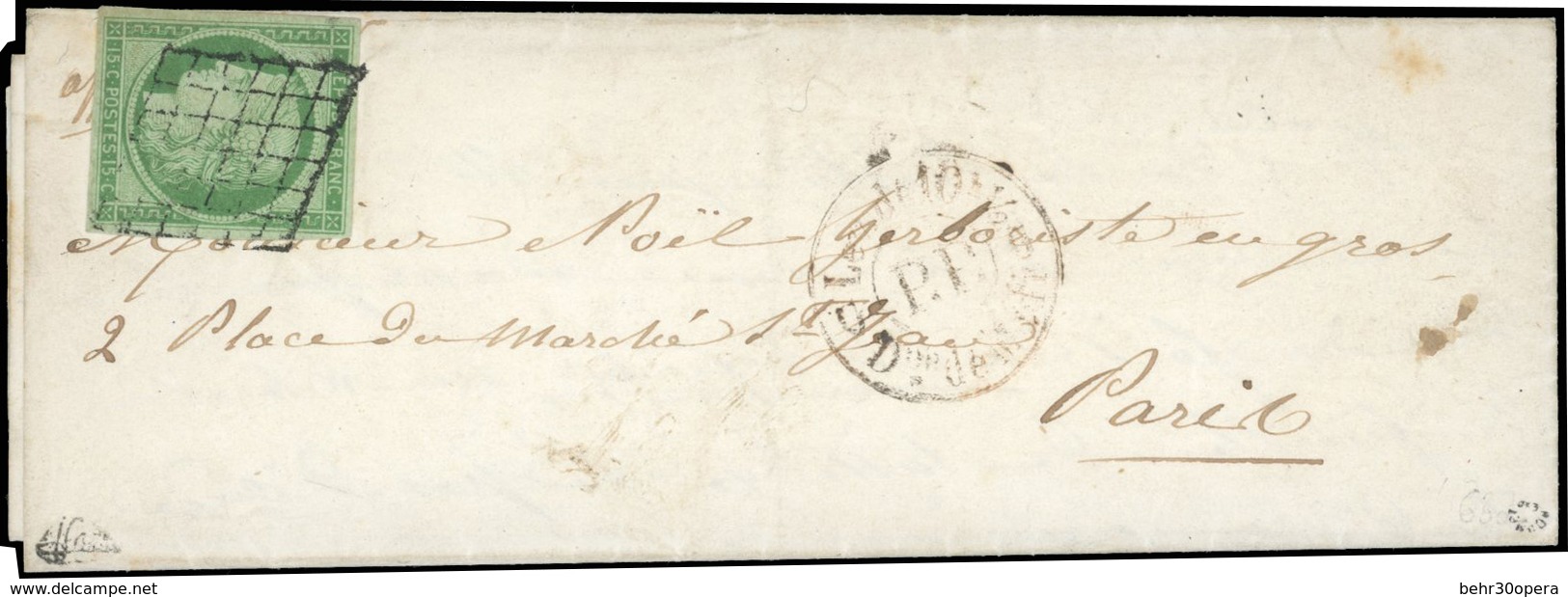 O 15c. Vert Obl. Grille S/lettre Manuscrite Du 21 Août 1850 Frappée Du CàD Rouge ''P.P'' De 1850 à Destination De PARIS. - 1849-1850 Cérès