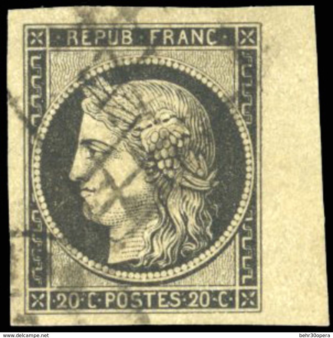 O 20c. Noir. BdeF. Grandes Marges, BdeF Verdâtre Signé Dilleman. TB. - 1849-1850 Cérès