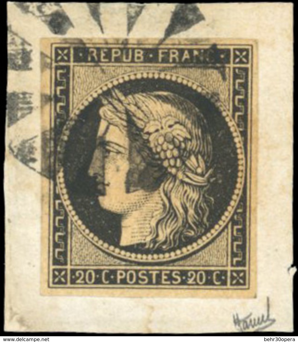 O 20c. Noir Obl. Cercle De Coins Concentriques S/petit Fragment. Ex Collection ANTONINI. Seule Pièce Connue. SUP. - 1849-1850 Ceres