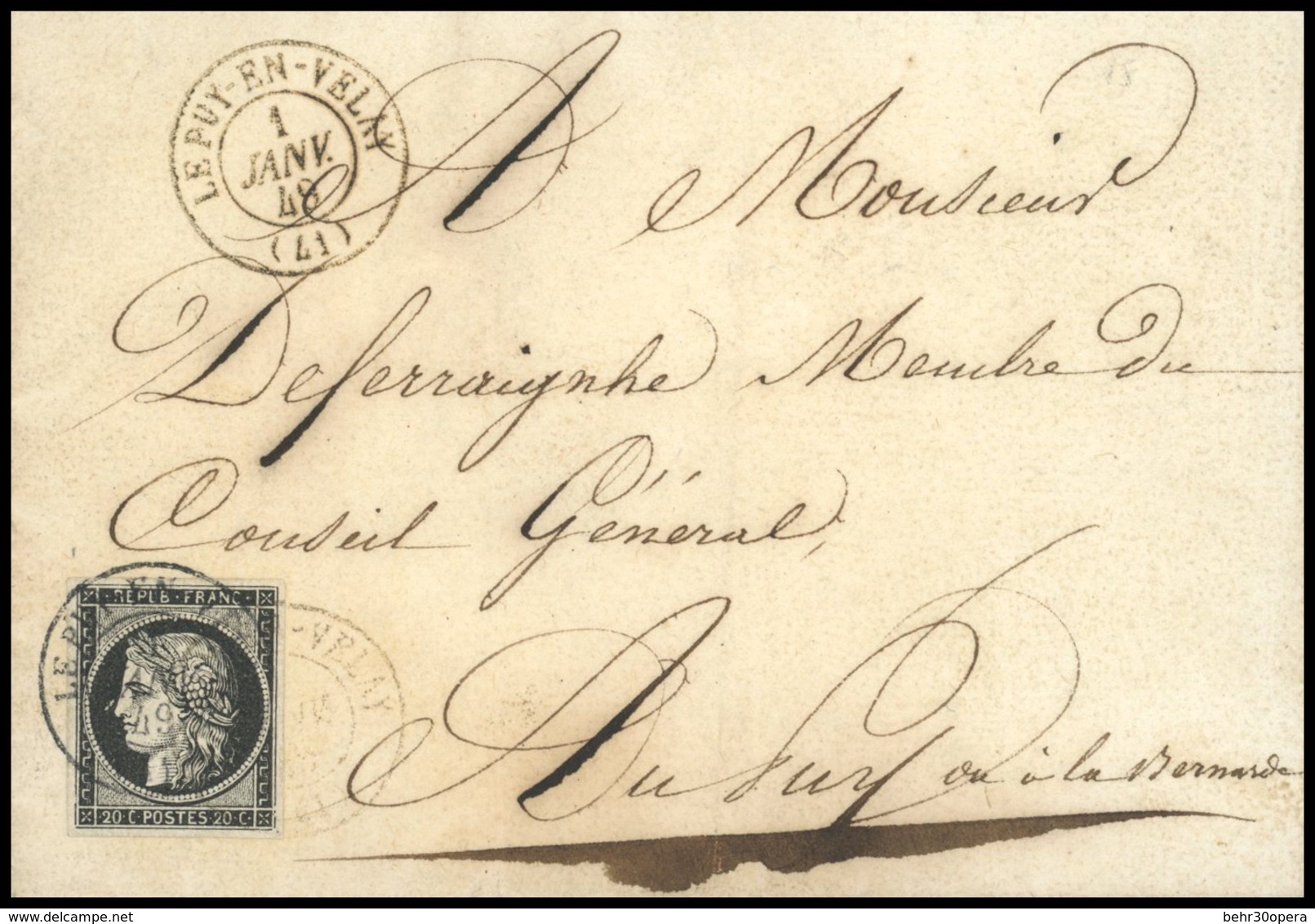 O 20c. Noir S/blanc Obl. CàD Type 15 Du 1er Janvier 1849 PUY EN VELAY S/lettre Avec Répétition Du Cachet à Destination D - 1849-1850 Cérès