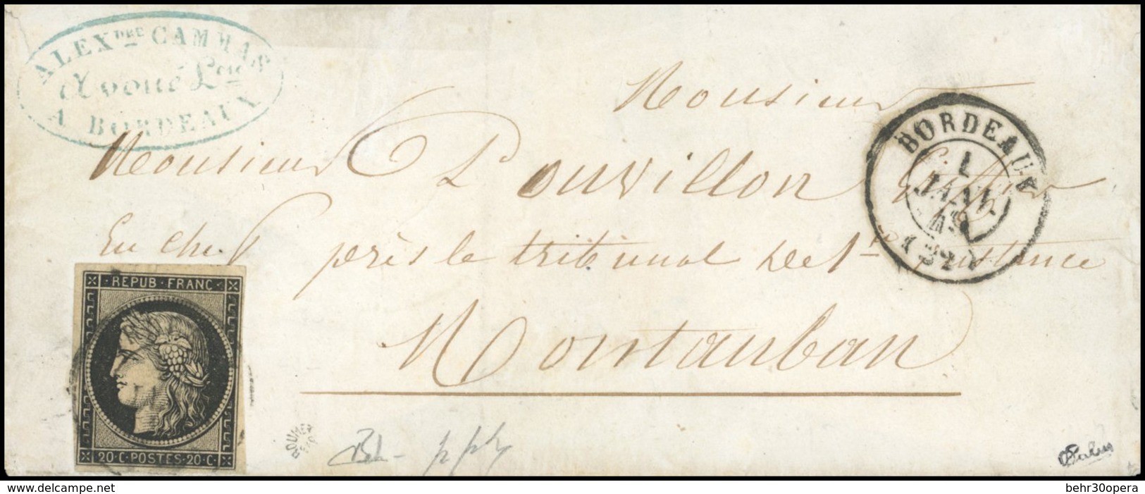 O 20c. Noir. Obl. CàD Type 15 De BORDEAUX Du 1er JANVIER 1849 à Destination De MONTAUBAN. Arrivée Au Verso. TB. RRR. - 1849-1850 Cérès