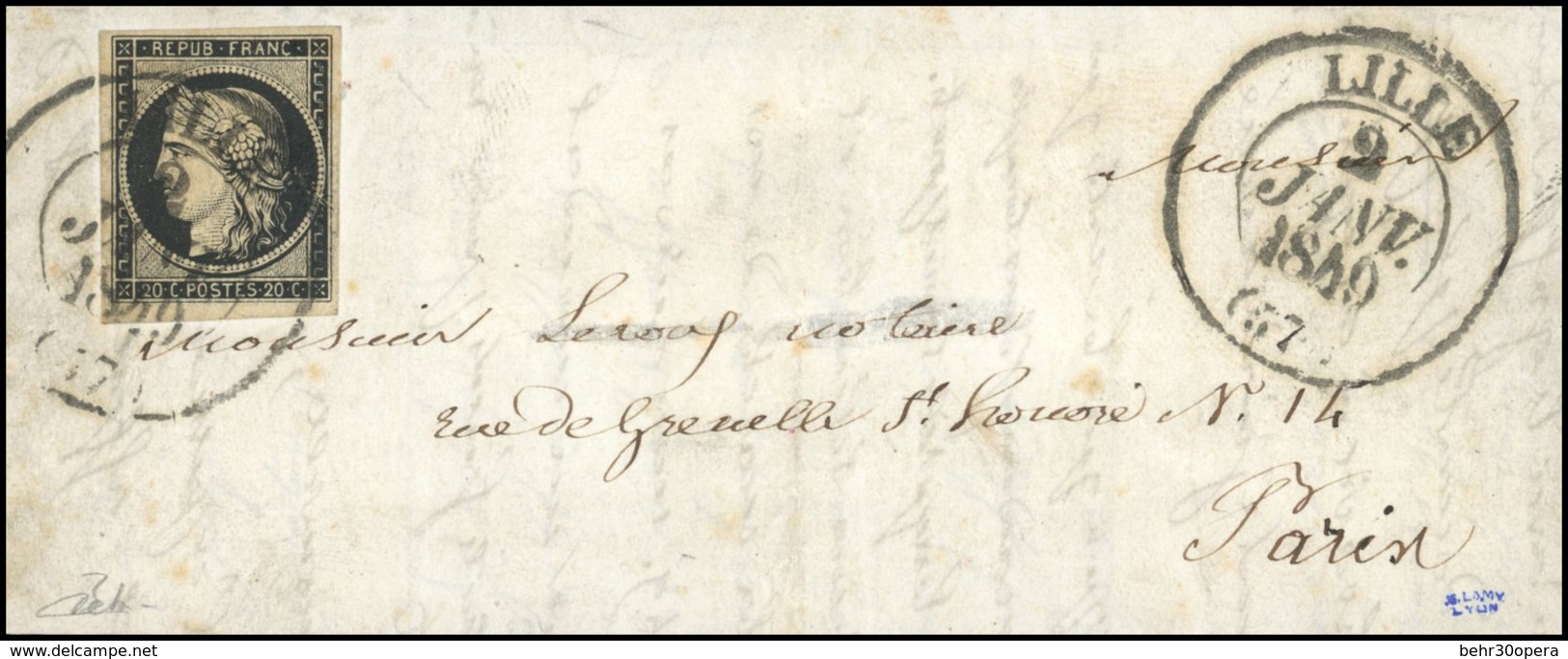 O 20c. Noir S/chamois Obl. CàD Type 13 De LILLE Du 2 Janvier 1849 S/lettre Avec Répétition Du Cachet à Destination De PA - 1849-1850 Cérès