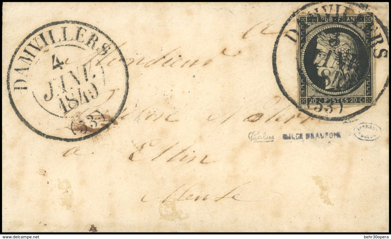 O 20c. Noir Obl. Grand CàD De DAMVILLERS Du 3 Janvier 1849 S/lettre Frappée Du Même Cachet Mais Du 4 Janvier à Destinati - 1849-1850 Cérès