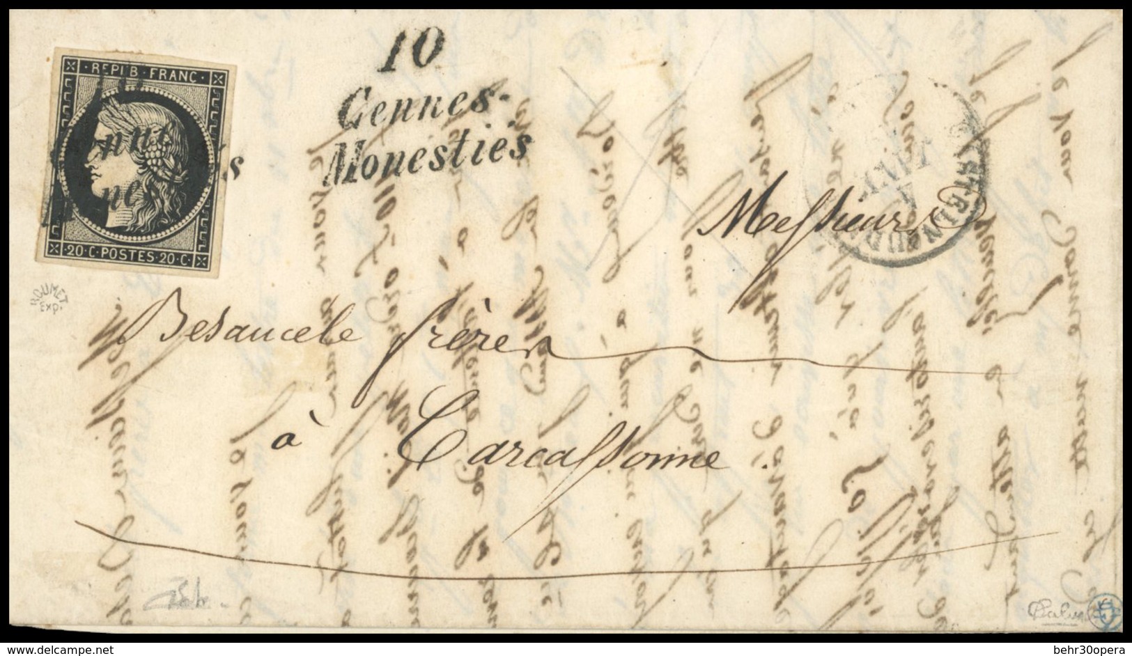 O 20c. Noir Obl. Cursive Noire 10/CENNES MONESTIES S/lettre Frappée Du CàD Type 15 Du 4 Janvier 1849 De CASTELNAUDARY à  - 1849-1850 Cérès