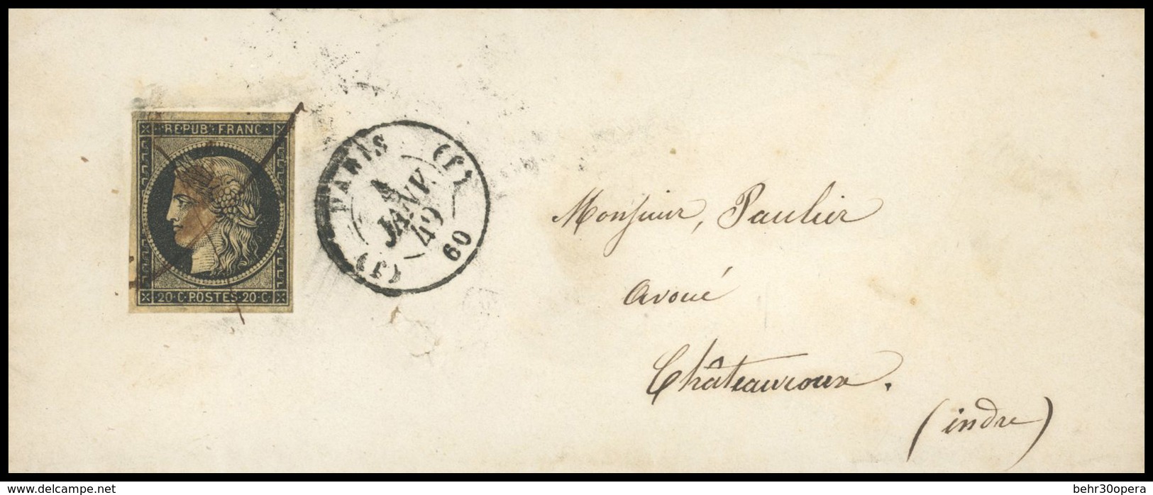 O 20c. Noir Obl. Plume S/lettre Frappée Du CàD De Paris Bureau ''J'' Du 4 Janvier 1849 à Destination De CHATEAUROUX. Les - 1849-1850 Ceres