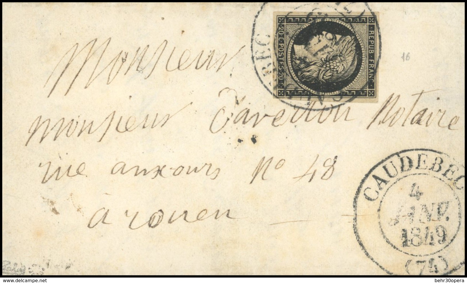 O 20c. Obl. CàD Type 13 De CAUDEBEC Du 4 Janvier 1849 S/lettre Avec Répétition Du Cachet à Destination De ROUEN. SUP. - 1849-1850 Ceres