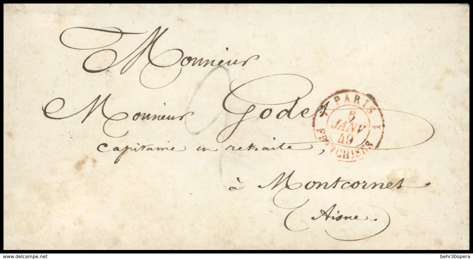 O Lettre Manuscrite Frappée De La Taxe ''2'' Pour 2 Décimes Et Du CàD Rouge Paris 1 Franchises Du 6 Janvier 1849 à Desti - 1849-1850 Cérès