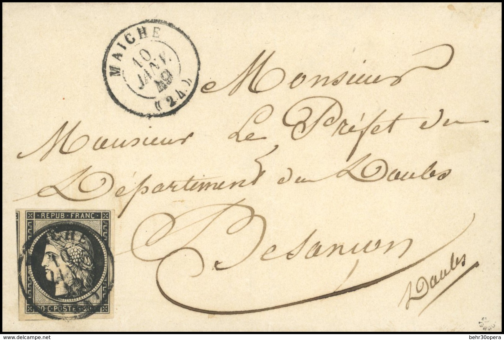 O 20c. Noir Obl. CàD Type 15 De MAICHE Du 10 Janvier 1849 S/lettre Avec Répétition Du CàD à Destination Du DOUBS. SUP. - 1849-1850 Cérès