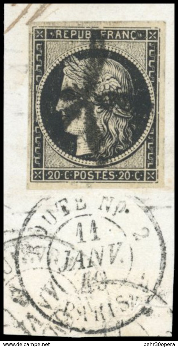 O 20c. Noir Obl. Rosette De Paris Du Bureau ''J'' S/petit Fragment Frappé Du Cachet De ''Route N°2'' Du 11 Janvier 1849. - 1849-1850 Cérès