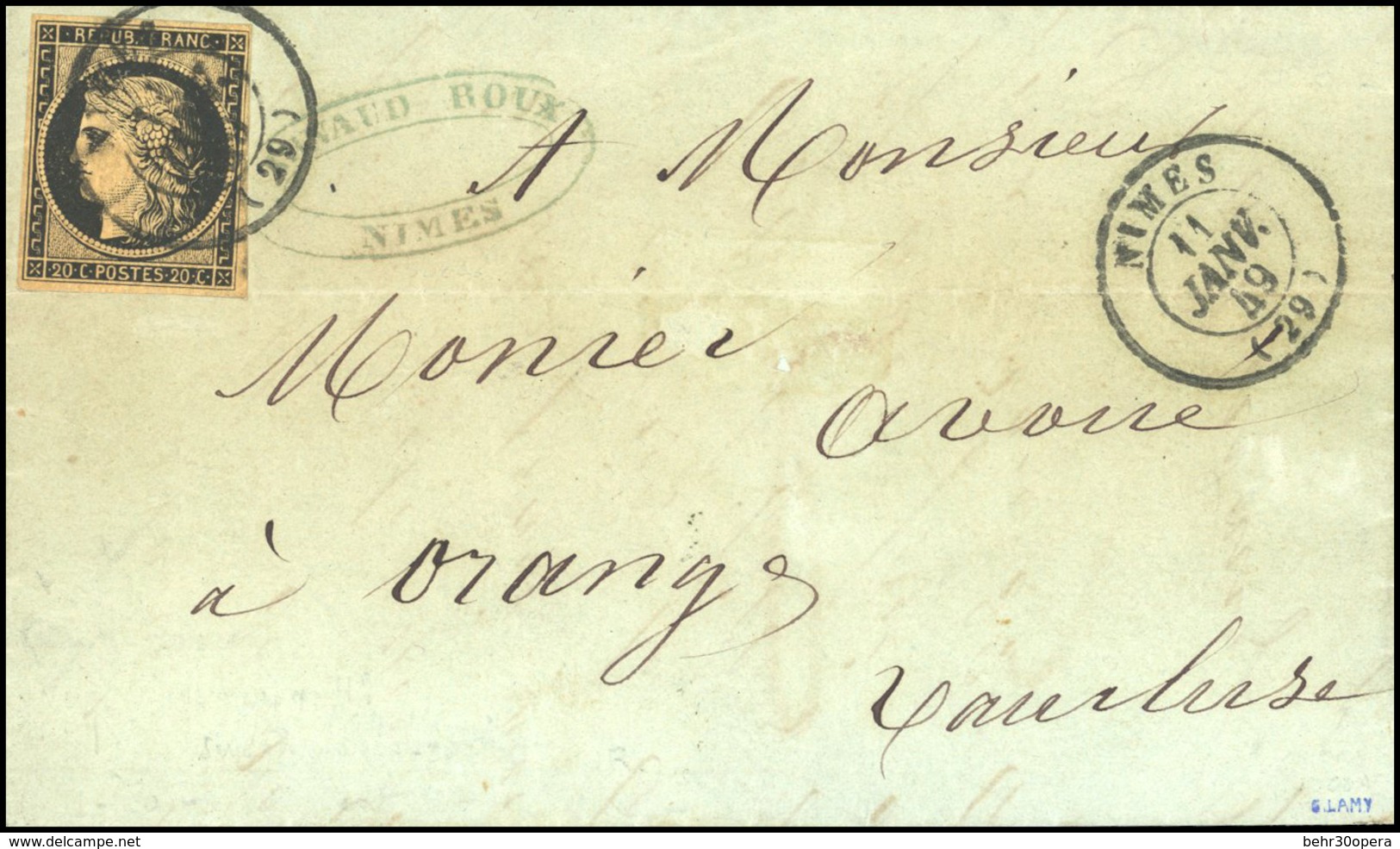 O 20c. Noir S/chamois Obl. CàD Type 15 De NIMES Du 11 Janvier 1849 S/lettre Avec Répétition Du CàD à Destination D'ORANG - 1849-1850 Ceres