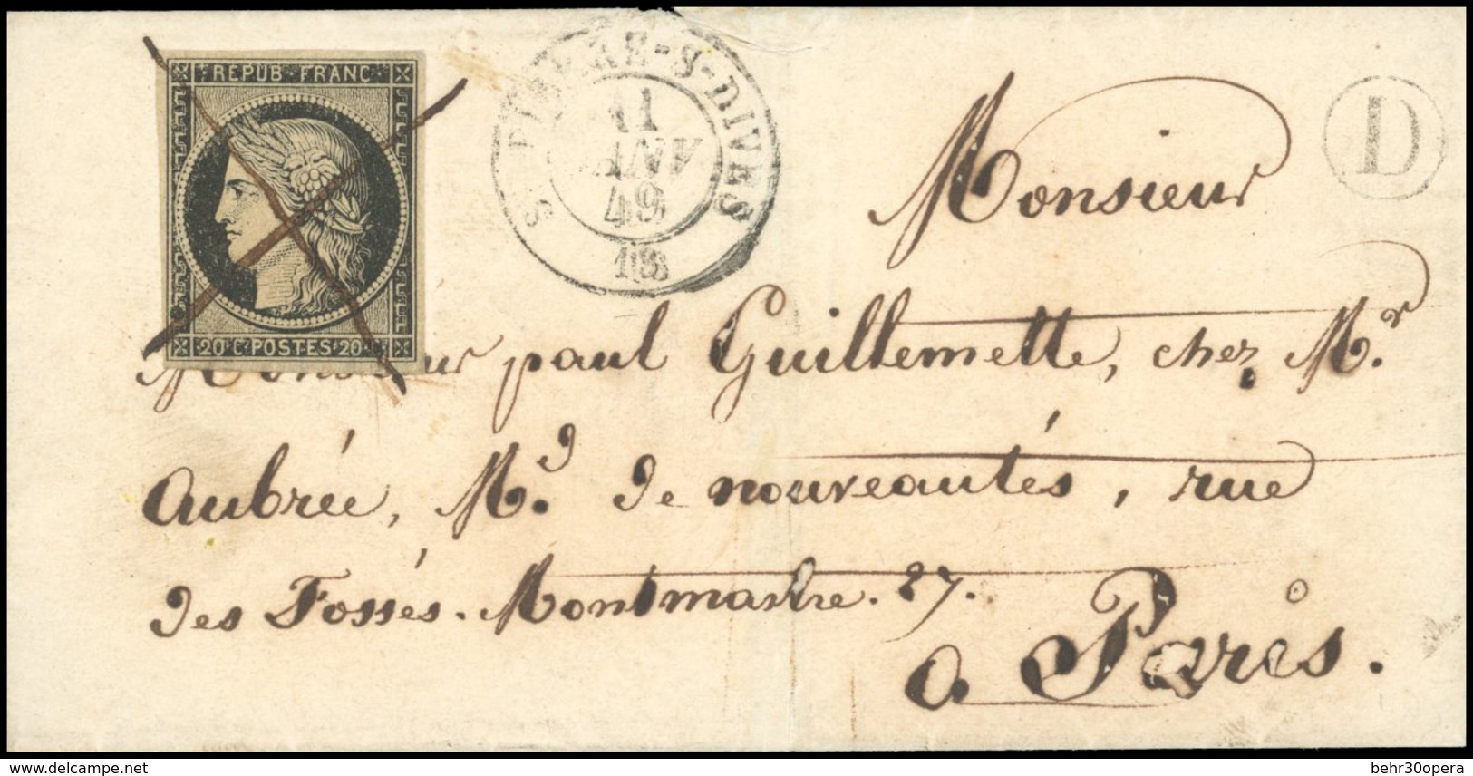 O 20c. Noir Obl. Plume S/lettre Frappée Du CàD De ST-PIERRE S/DIVES Du 11 Janvier 1849 Et Du Cachet De Facteur Rural ''D - 1849-1850 Cérès