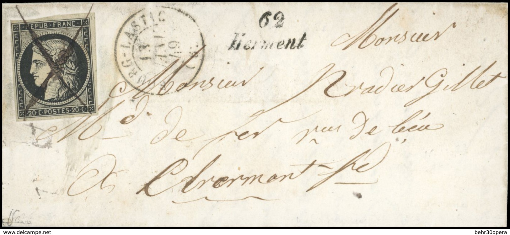 O 20c. Noir Obl. Plume S/lettre Frappée De La Cursive ''62'' HERMENT Et Du CàD De BOURG-LASTIC Du 13 Janvier 1849 à Dest - 1849-1850 Ceres