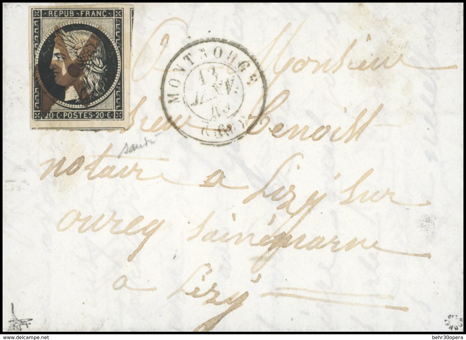 O 20c. Noir Obl. Plume S/lettre Frappée Du CàD Type 15 De MONTROUGE Du 13 Janvier 1849 à Destination De LIZY. Belles Mar - 1849-1850 Ceres