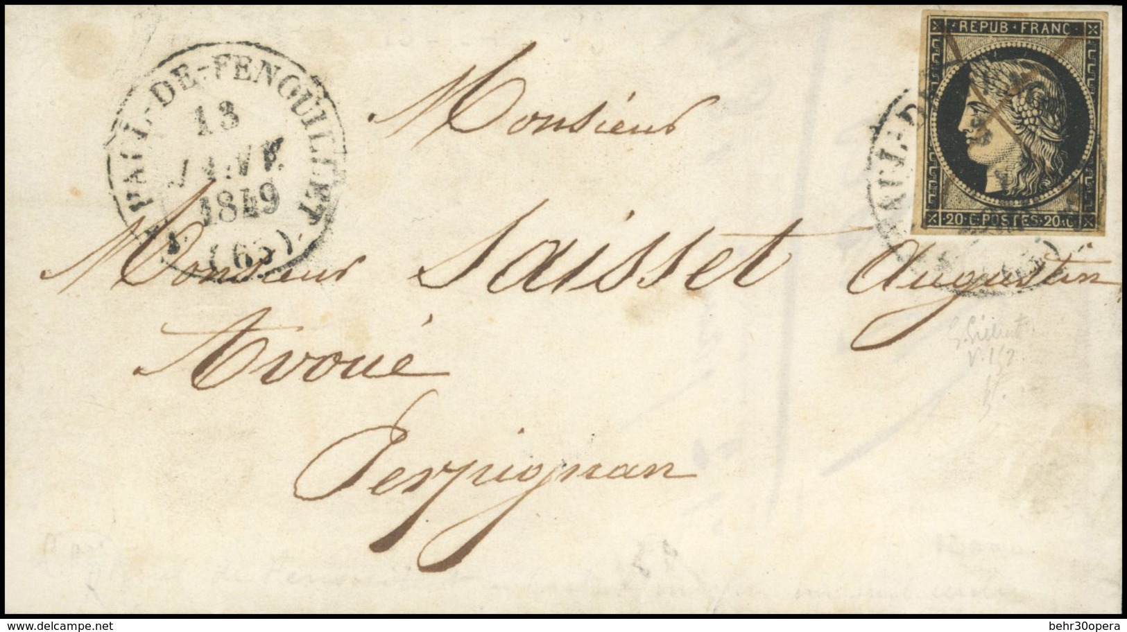 O 20c. Obl. Plume + CàD Type 14 De SAINT-PAUL DE FENOUILLET Du 13 Janvier 1849 S/lettre Avec Répétition Du CàD à Destina - 1849-1850 Cérès