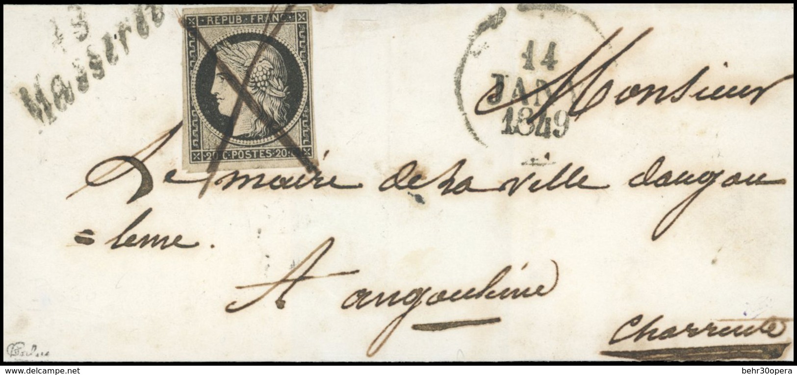 O 20c.obl. Plume S/lettre Frappée De La Cursive 49 MASSENET Et Du CàD ''Dateur A'' Du 14 Janvier 1849 à Destination D'AN - 1849-1850 Ceres