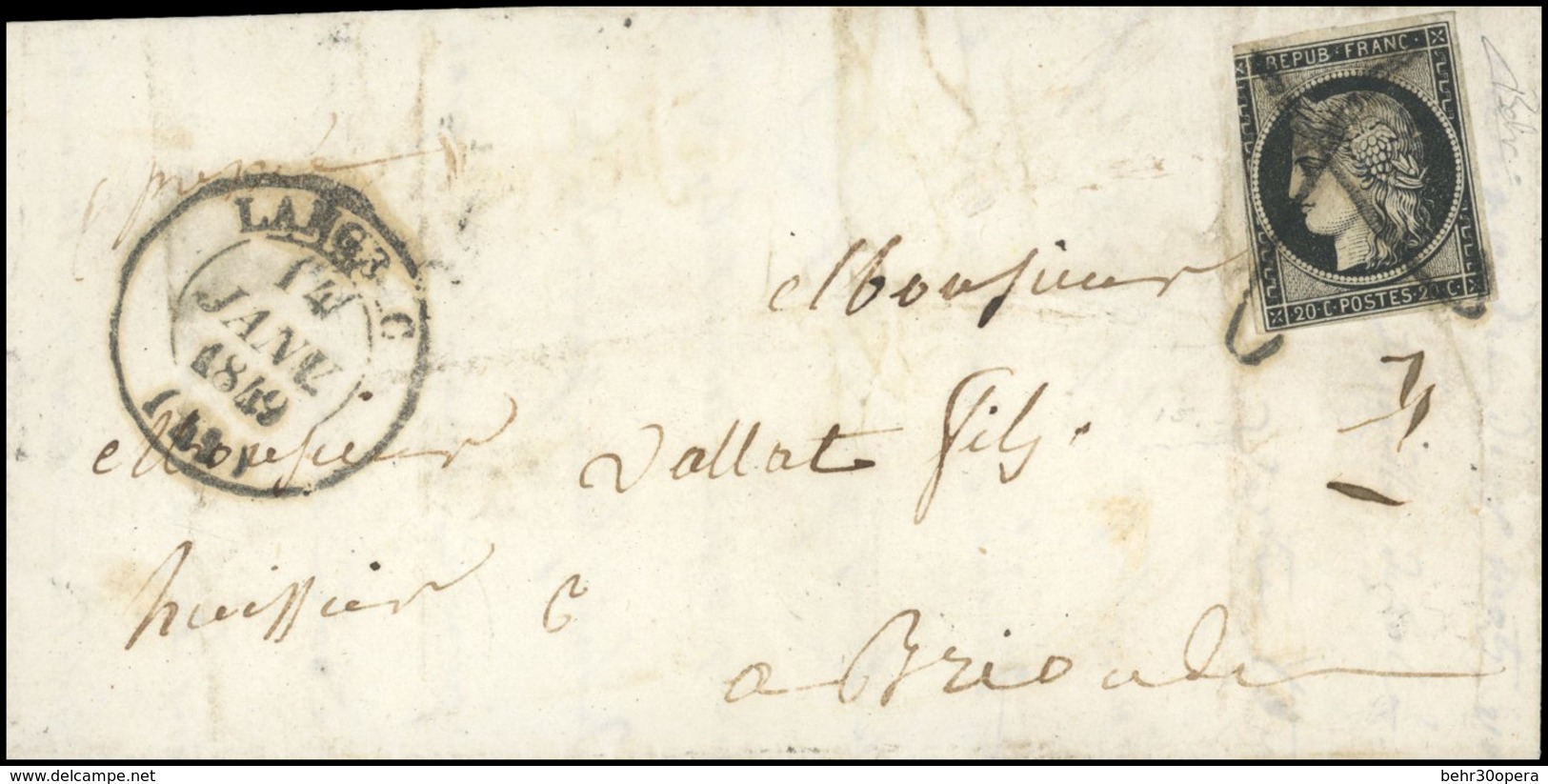 O 20c. Noir Obl. Des Chiffres Taxe 1 En Croix S/lettre Du CàD Type 14 De LANGEAC Du 14 Janvier 1849 à Destination De BRI - 1849-1850 Cérès