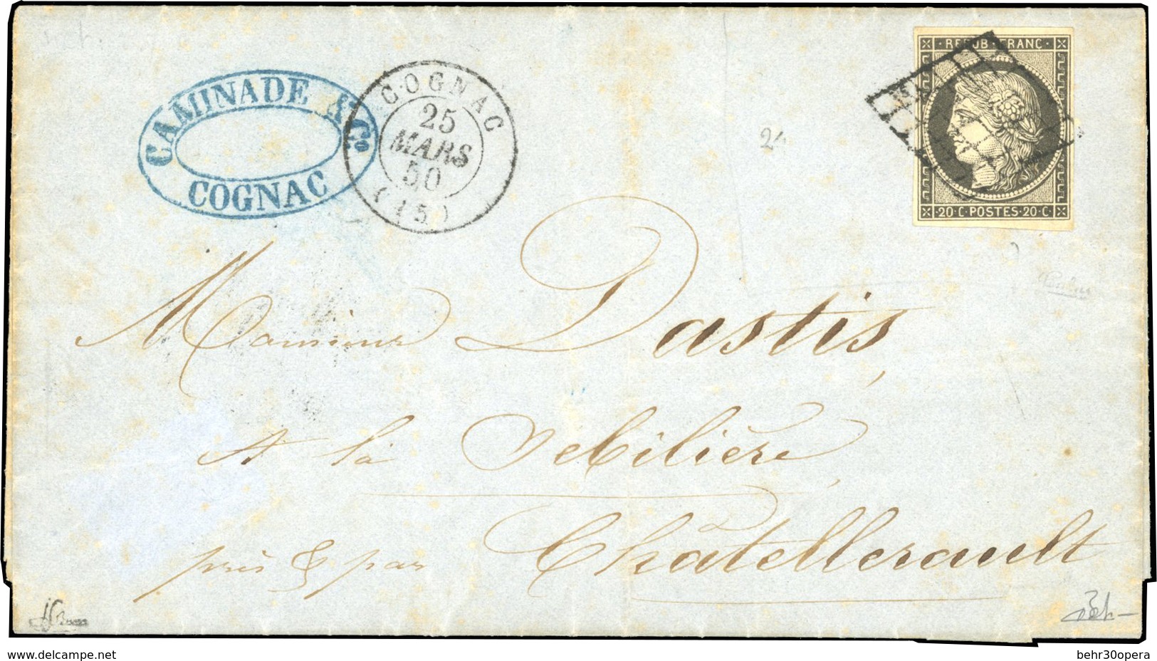 O 20c. Gris-noir, Nuance Tendant Vers Le Gris, Obl. Grille S/lettre Frappée Du CàD De COGNAC 25 Mars 1850 à Destination  - 1849-1850 Cérès